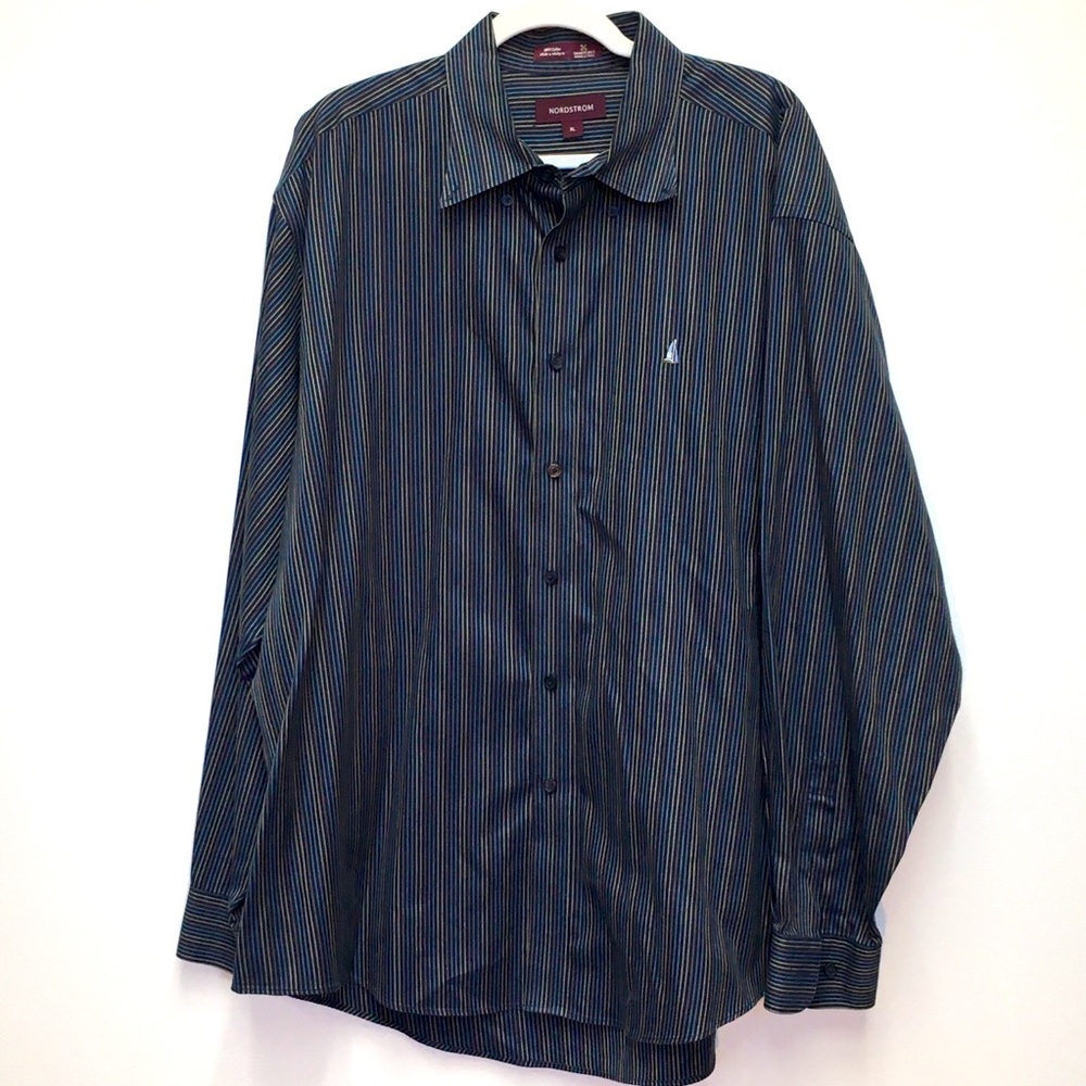 Nordstrom Pinstripe Dress Shirt XL Blue 100% Cotton Office Business Casual